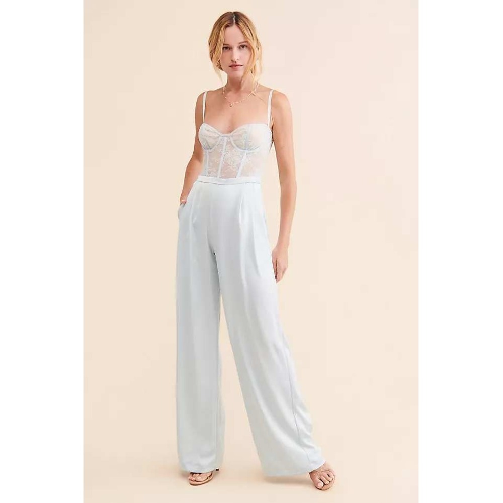 Katie May Los Angeles Light Blue Lace Corset Satin Wide Leg Jumpsuit Size M